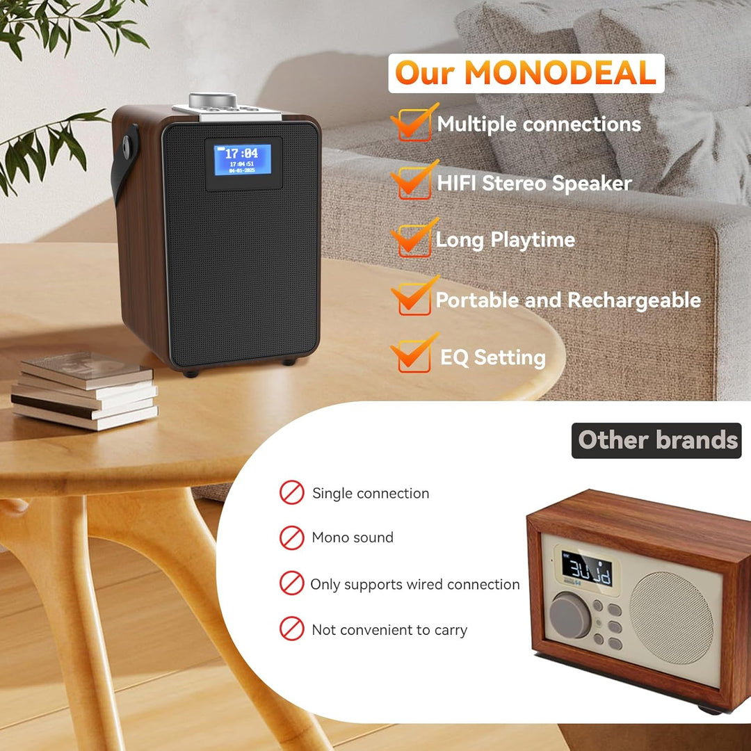 MONODEAL DAB Radio mit Bluetooth, Zwei Wecker, Wiederaufladbar DAB Plus/Dab+ Radio Klein, Küchenradi