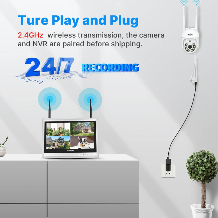 【5MP+PTZ】 Hiseeu Überwachungskamera Set Aussen WLAN mit 12''Monitor 10CH Wireless NVR,4 Pcs 5MP PTZ