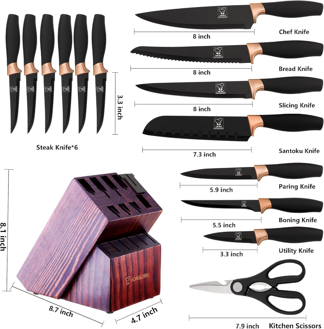 Chefhoablorn 15-TLG Messerblock Set, Scharfe Kochmesser aus Edelstahl Profi Küchenmesser für Housewa