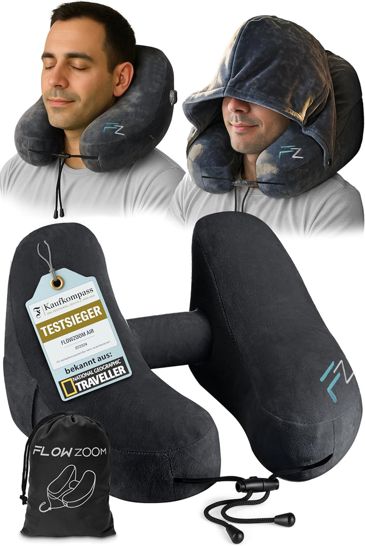 FLOWZOOM AIR Nackenkissen aufblasbar mit Kapuze - Reisekissen - Schnell aufblasbares Reise - Flugzeu