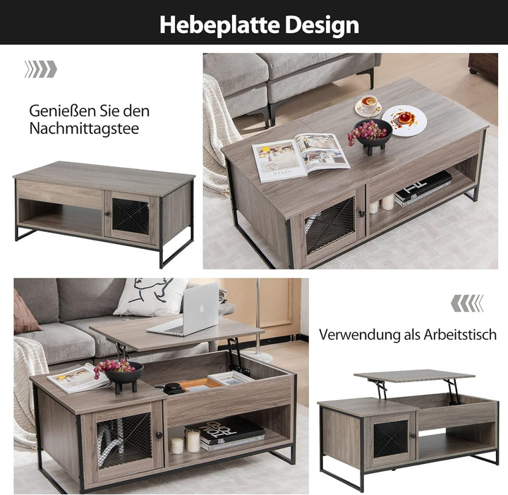 COSTWAY Couchtisch höhenverstellbar, 2 Ebenen Beistelltisch mit verstecktem Stauraum & Tür, Sofatisc