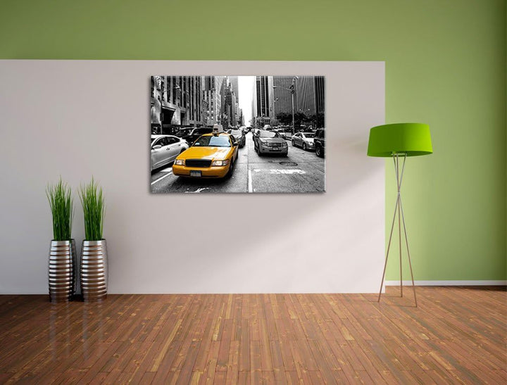 Gelbes Taxi in New York schwarz/weiss Format: 100x70 auf Leinwand, XXL riesige Bilder fertig gerahmt