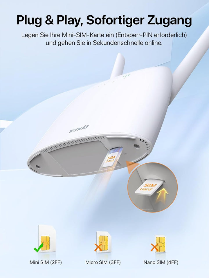 Tenda 4G06 4G VoLTE WLAN Router für SIM Karten (150 Mbit/s im Download, 50 Mbit/s im Upload, 300 Mbi