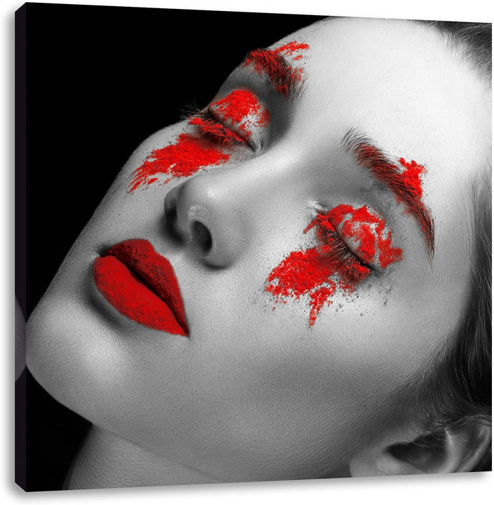 Frau mit roten Pulver auf Lippen und Augen schwarz/weiss, Format: 70x70 auf Leinwand, XXL riesige Bi