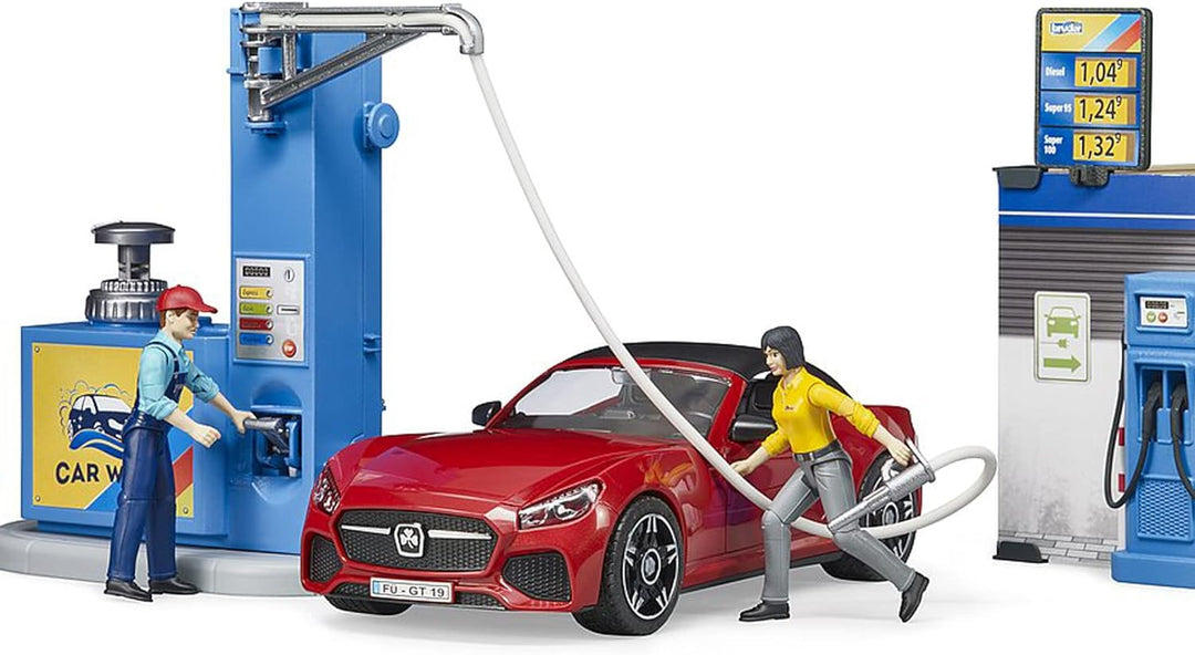 bruder 62111 - Bworld Tankstelle mit Zapfsäule, Ladestation E-Autos, Roadster, Fahrerin, Waschplatz,