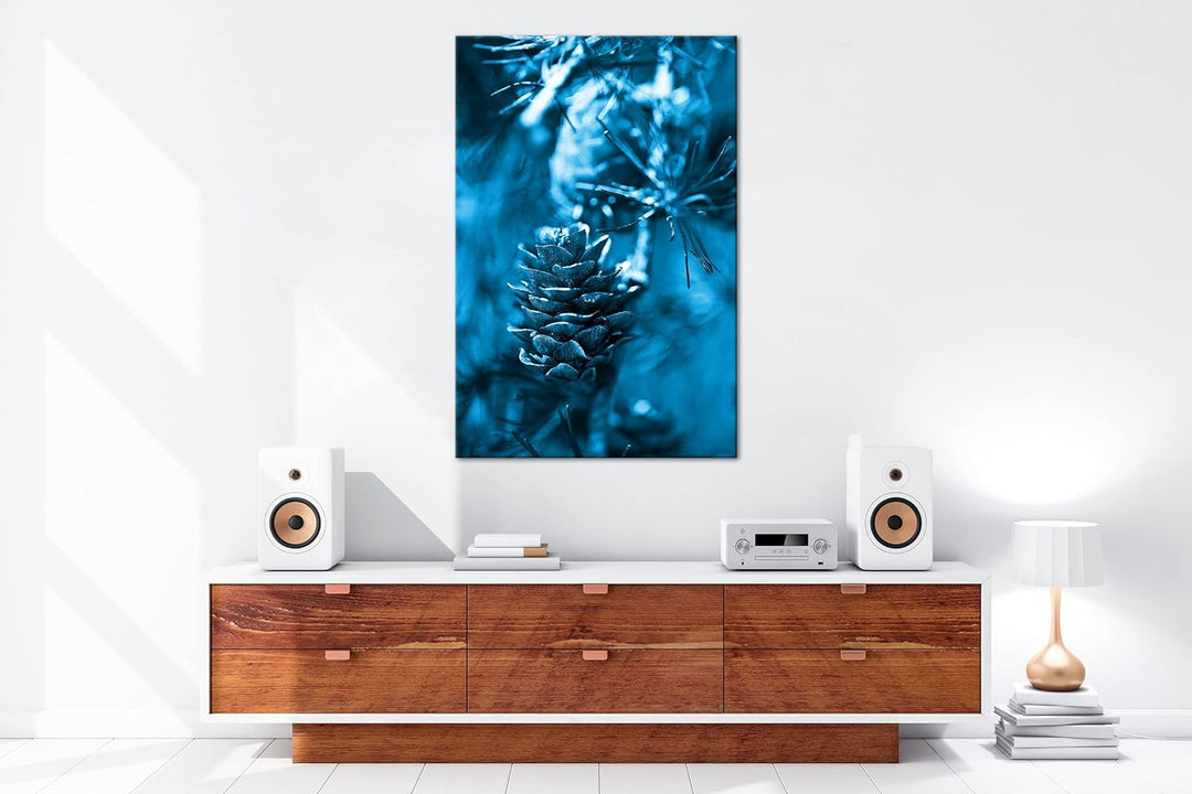 deyoli Tannenzapfen am Ast Format 80x60 Effekt: Monocrome Blau als Leinwandbild, Motiv fertig gerahm