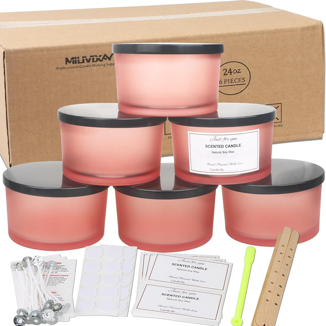 MILIVIXAY 6 x 680 ml Kerzengläser mit Metalldeckeln und Kerzenherstellungs-Kits – 3 Docht-Kerzenglas
