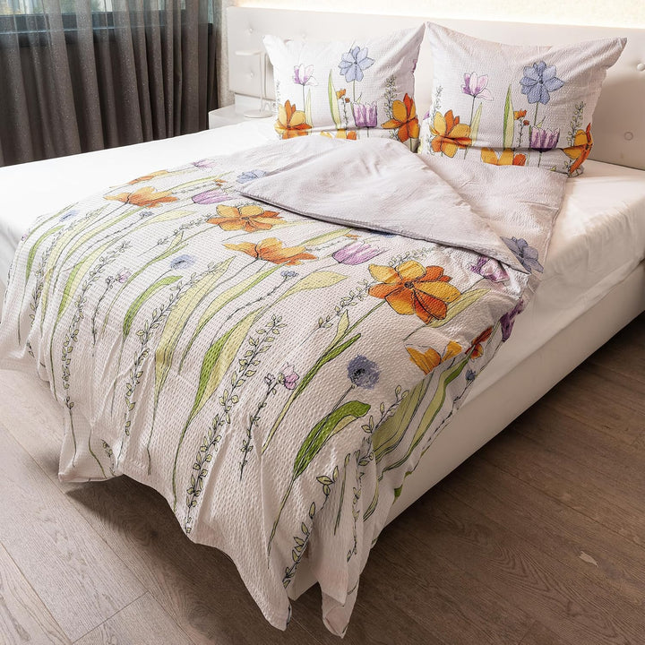 Traumschlaf Seersucker Bettwäsche Set • aus 100% Baumwolle in floralen Aquarell Blumen Muster • Büge