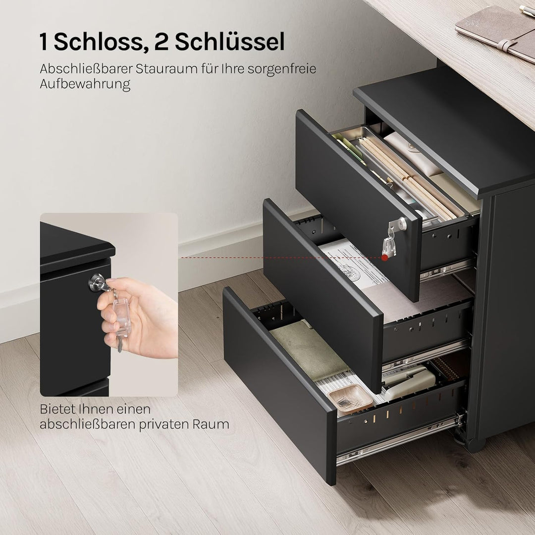 WOLTU Rollcontainer Metall, Mobiler Aktenschrank Büroschrank mit 3 Schubladen Bürocontainer, abschli