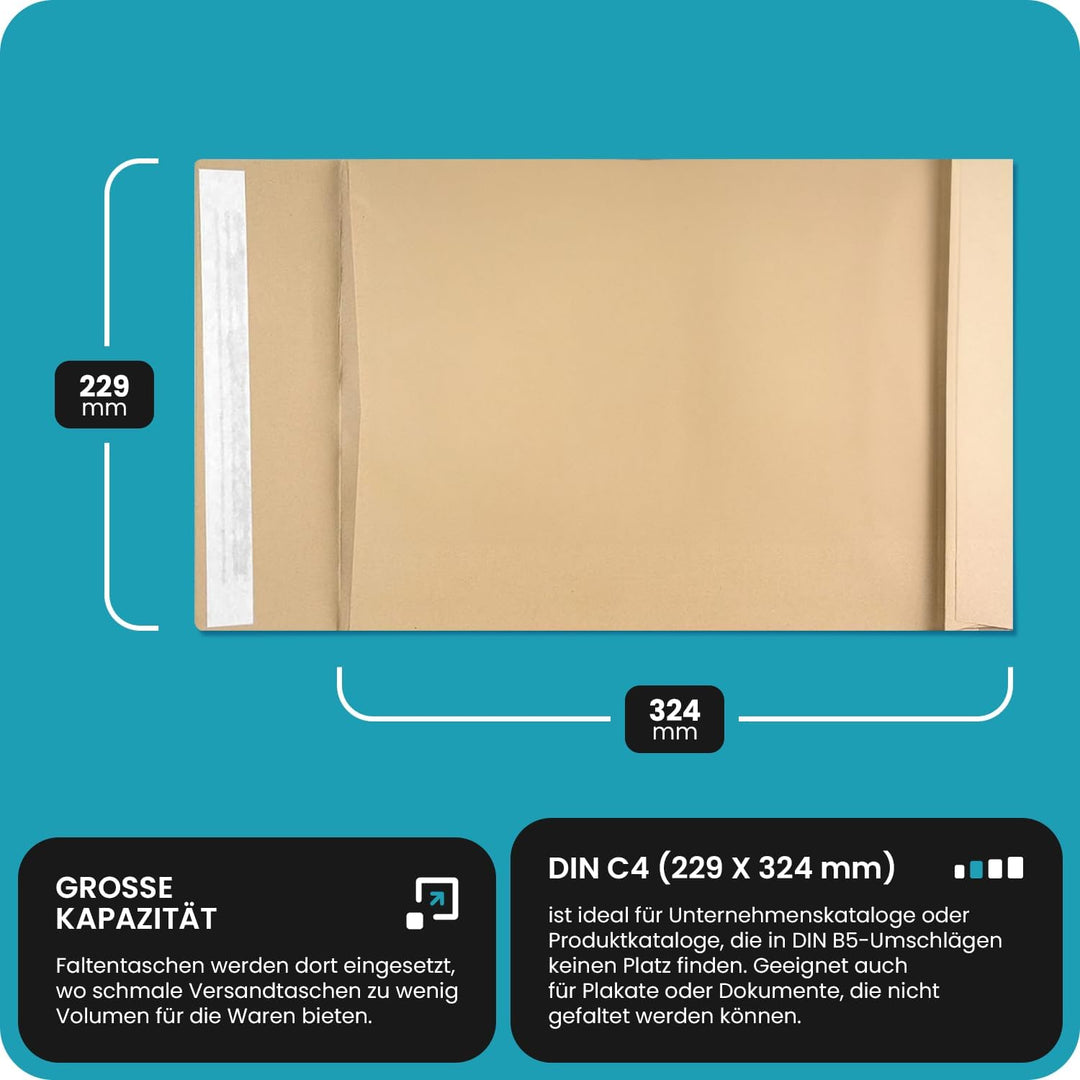Netuno 250x braune Faltentasche DIN C4 229× 324 mm 130g braun Umschlag erweiterbar Faltenversandtasc