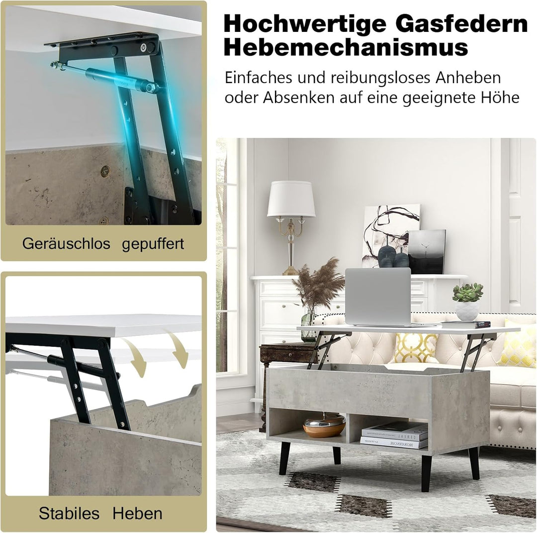 COSTWAY Couchtisch höhenverstellbar, Sofatisch mit anhebbarer Tischplatte & 2 offenen Regalen, auszi