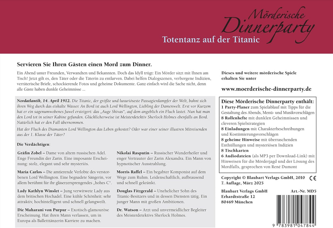Mörderische Dinnerparty – Totentanz auf der Titanic - Krimidinner für zuhause 6 bis 8 Personen - spa