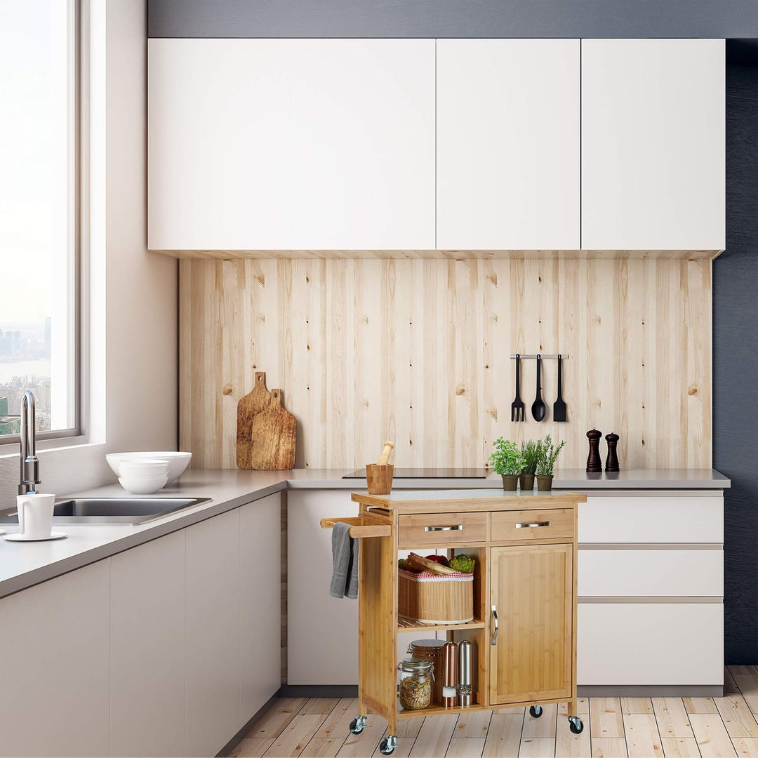 Relaxdays Küchenwagen Holz, Bambus, 4 Rollen, Arbeitsplatte aus Marmor, mit Schubladen, HBT: 85,5 x