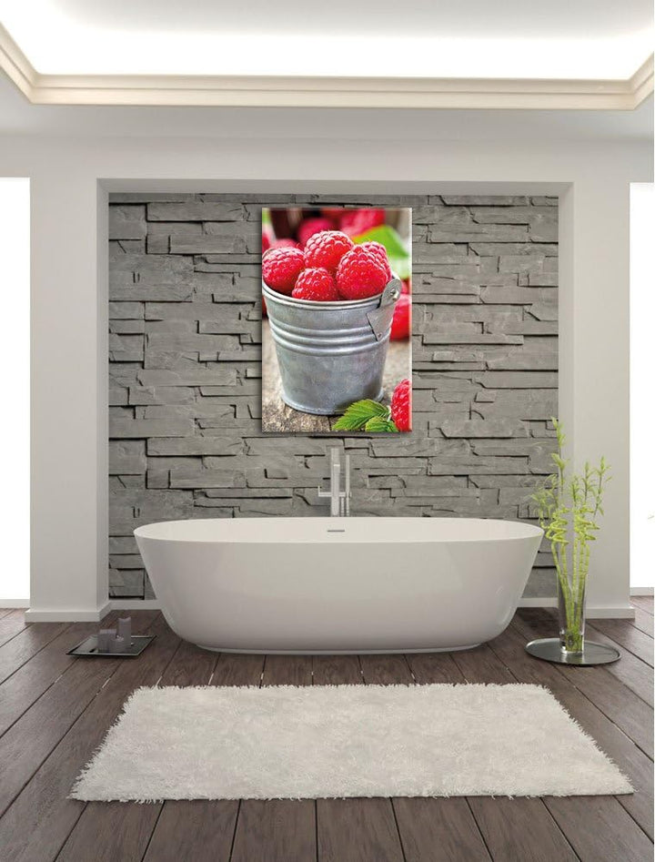 Himbeeren im Eimer, Format: 100x70 auf Leinwand, XXL riesige Bilder fertig gerahmt mit Keilrahmen, K