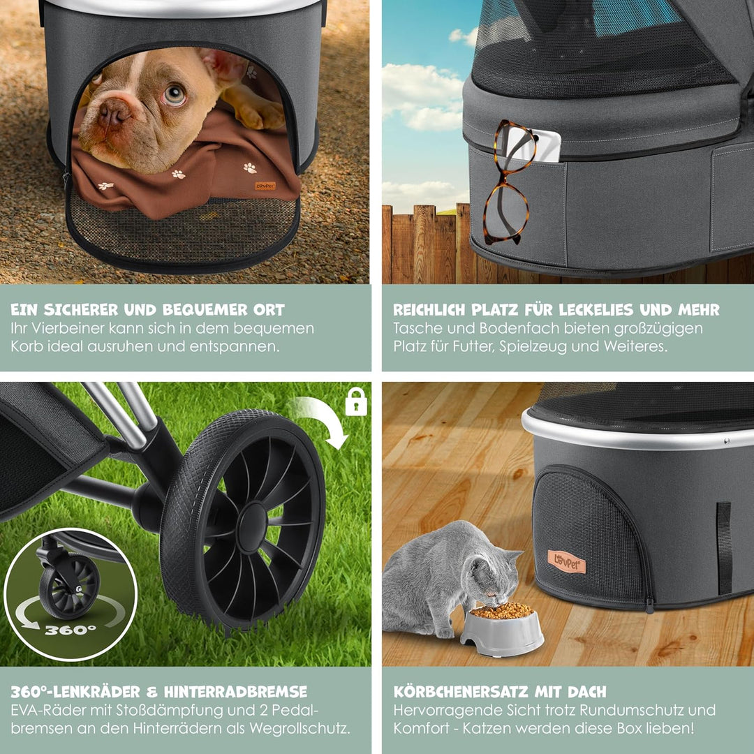 LOVPETยฎ Hundewagen 3in1 Hundebuggy Hundebox Transporttasche 360ยฐ Grosse Rรคder Faltbar klappbar Haust