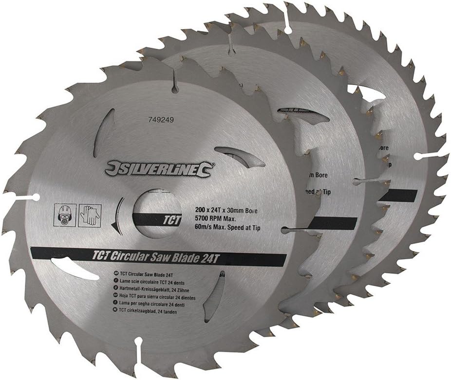 Silverline - Hartmetall-Kreissägeblätter mit 24, 40 u. 48 Zähnen, 3er-Pckg. 200 x 30, Reduzierringe:
