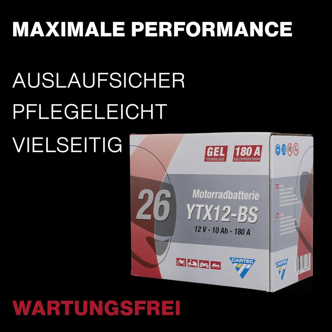 CARTEC Motorradbatterie YTX12-BS, 10Ah, 180A, Gel Technologie Motorrad-Starter-Batterie, Erstausrüst