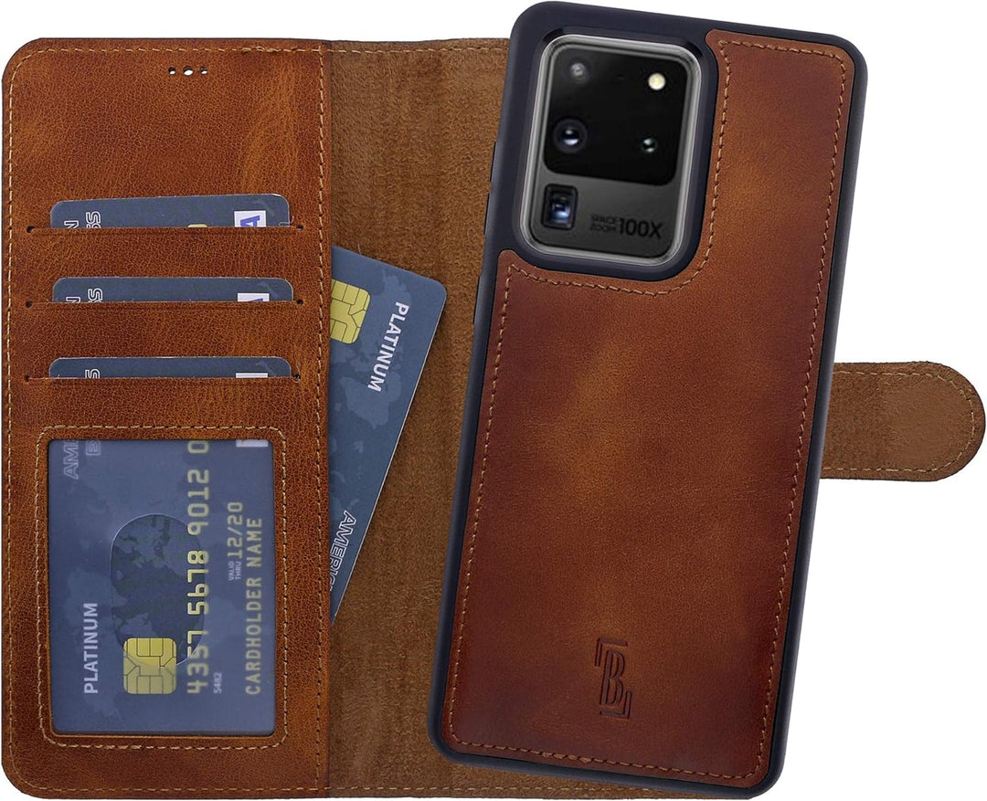 Burkley 2-in-1 Leder Handytasche für Samsung Galaxy S20 Ultra - Abnehmbares Back Cover, 360° Schutz,