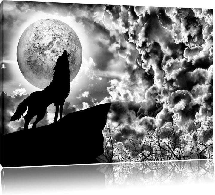 Pixxprint Wolf heult den Mond an als Leinwandbild/Grösse: 100x70 cm/Wandbild/Kunstdruck/fertig bespa