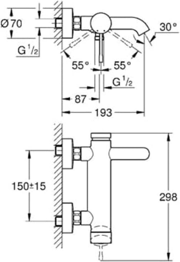 Essence Einhand-Wannenarmatur (S- Anschluss, mit Temperaturbegrenzer, automatische Umstellung, langl