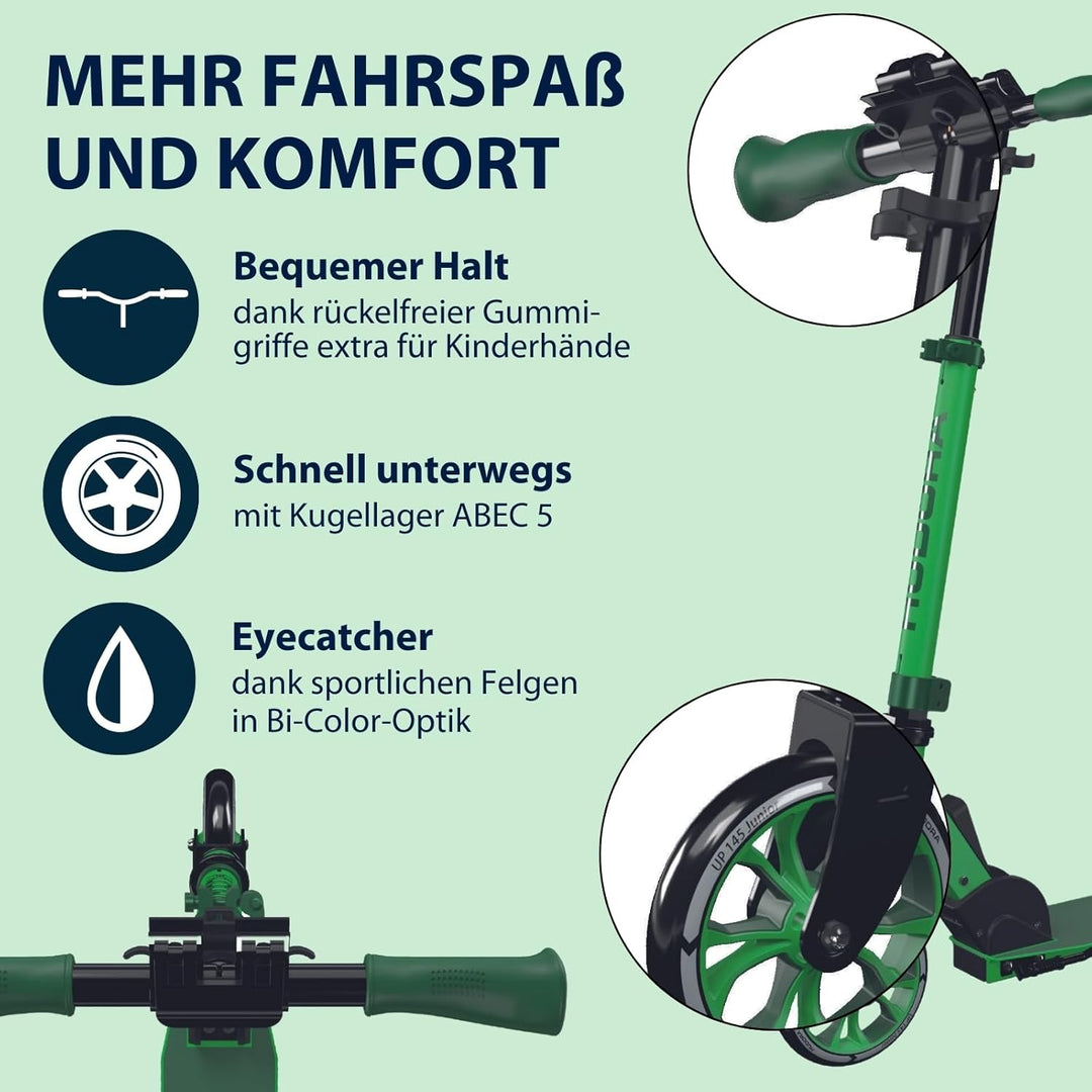 HUDORA Scooter Up 145 Junior - Hochwertiger & sicherer Kinder Roller ab 3 Jahre - Zusammenklappbarer