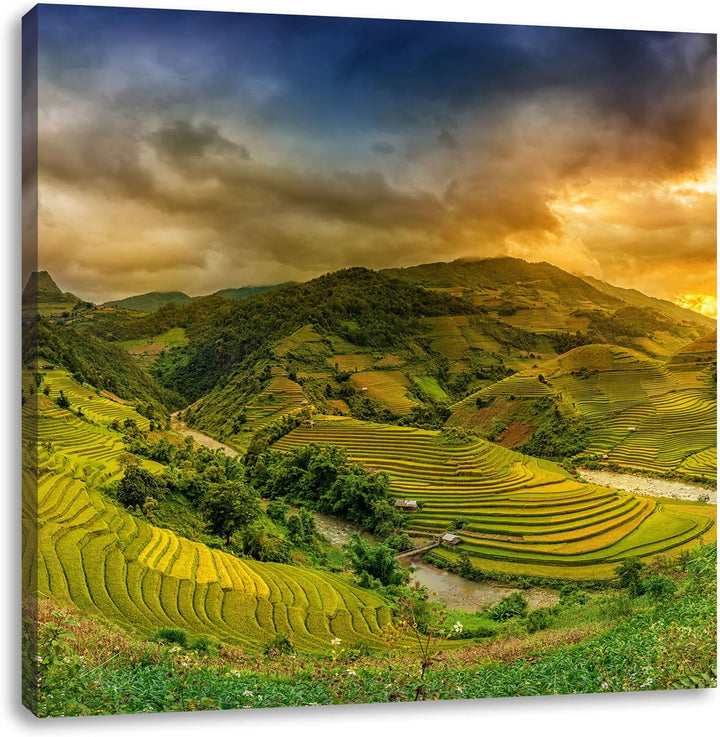 eine Berg Farm in Asien, Format: 70x70 auf Leinwand, XXL riesige Bilder fertig gerahmt mit Keilrahme