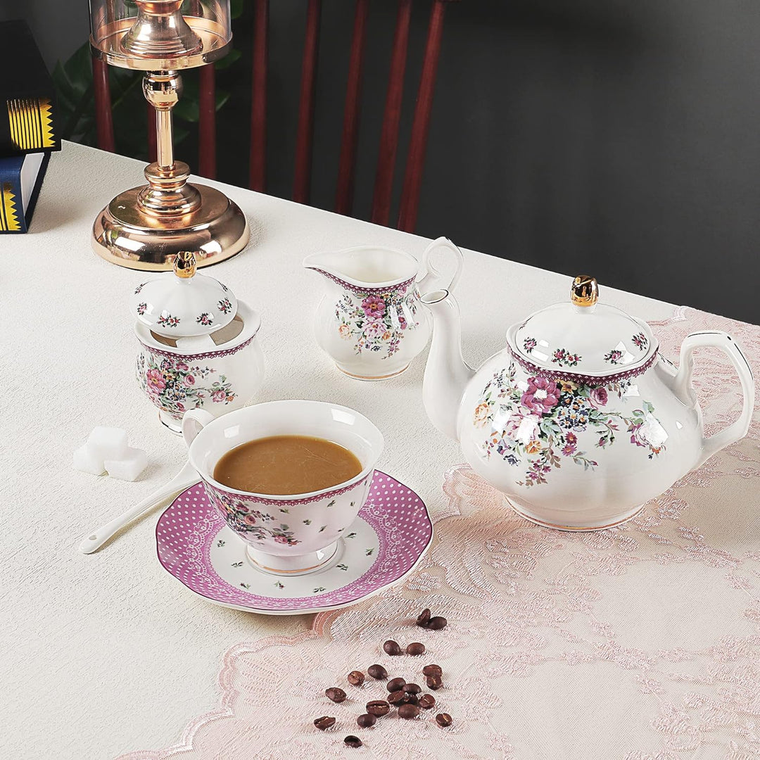 fanquare 21 Stück Porzellan Tee Party Set, Rosa Rose Blume Teetasse und Untertasse für 6 Personen, K