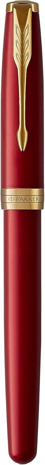 Parker Sonnet Tintenroller , Rote Lackierung mit Goldzierteilen , feine Spitze , Schwarze Tinte , Ge