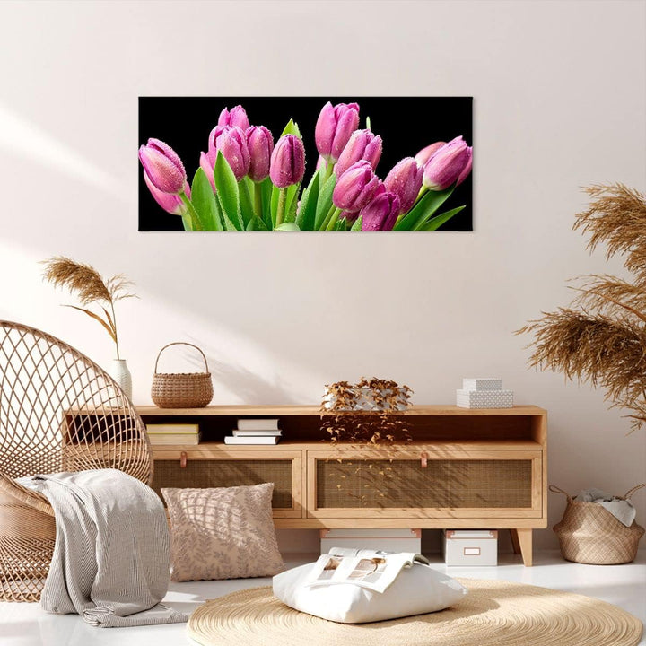 Wandbilder Dekoration Wohnzimmer Tulpen Blumenstrauss Tau Tropfen Panorama Bilder auf Leinwand 120x5