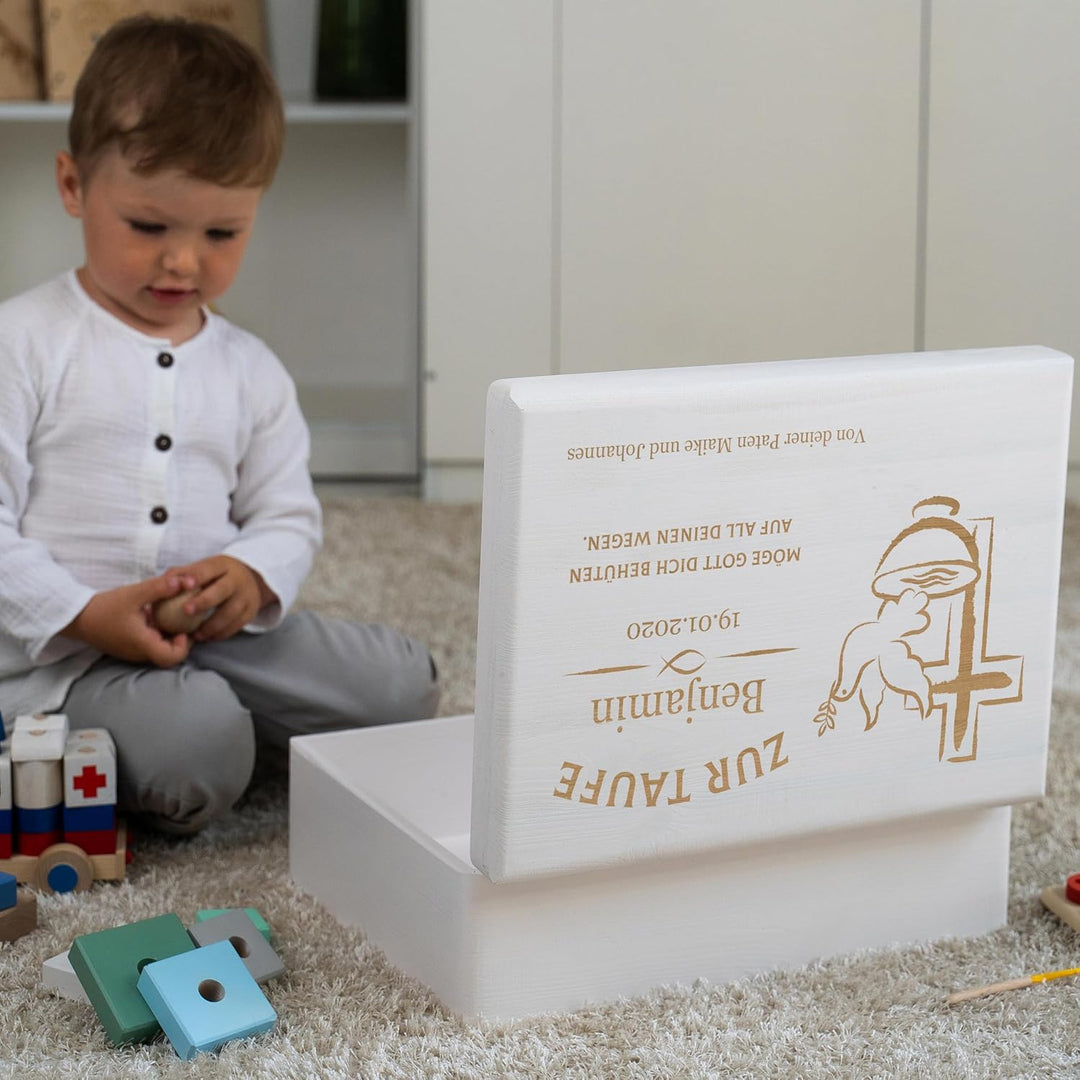 LAUBLUST Holzkiste mit Gravur - Personalisiert mit Name | Datum | WIDMUNG - Weiss, Grösse L - Friede