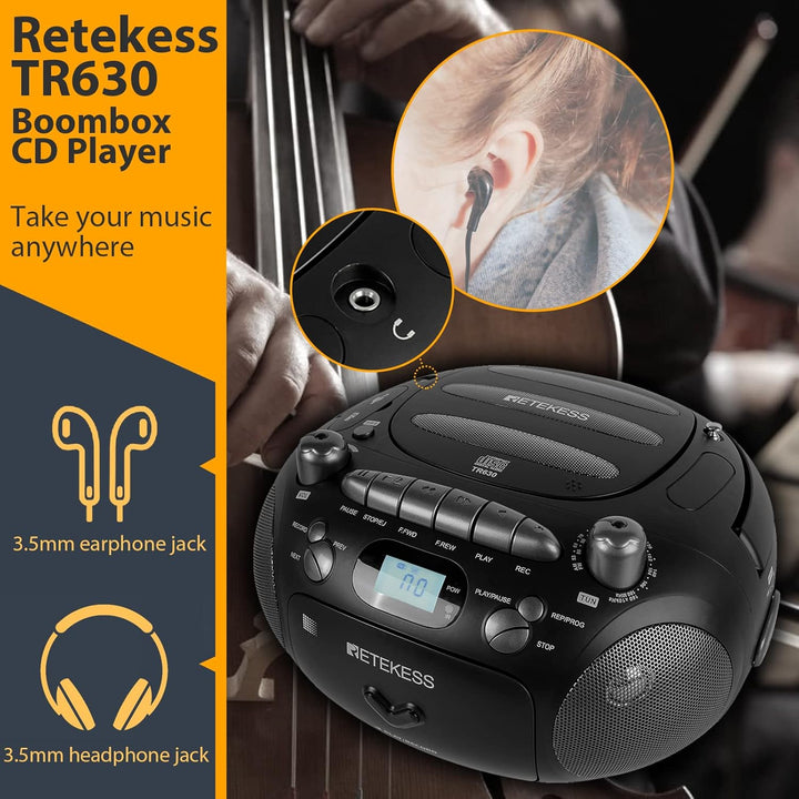 Retekess TR630 CD Player mit Kassette, Radio Batteriebetrieben, Kassettenrecorder, mit Fernbedienung