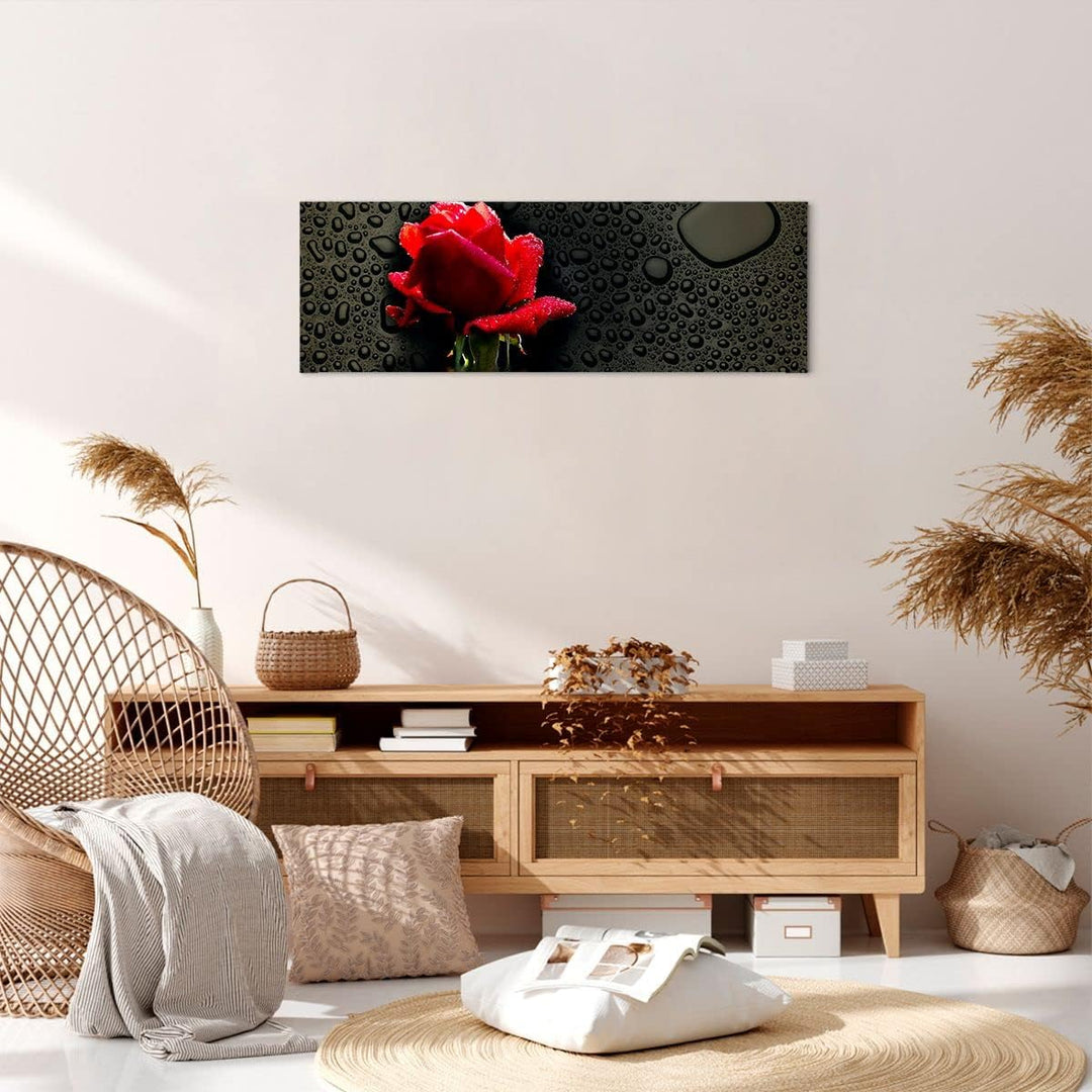 Panorama Bilder auf Leinwand Blume rote rose wasser tau Leinwandbild 90x30cm Wandbilder Dekoration W