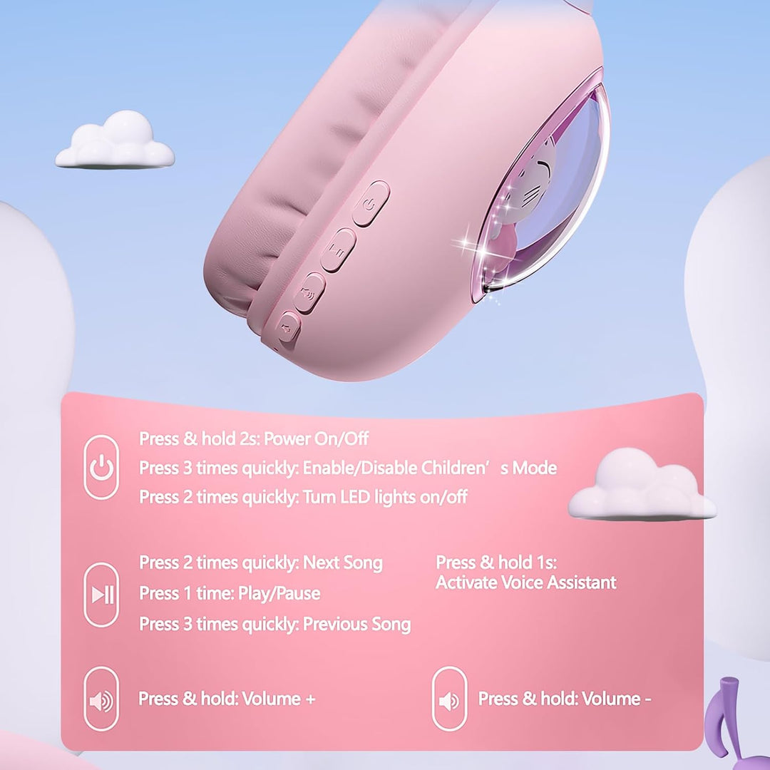 sunvito Kinder Kopfhörer Bluetooth 5.4, LED Beleuchtetes Katzenohr, Faltbarer Over-Ear Kopfhörer mit