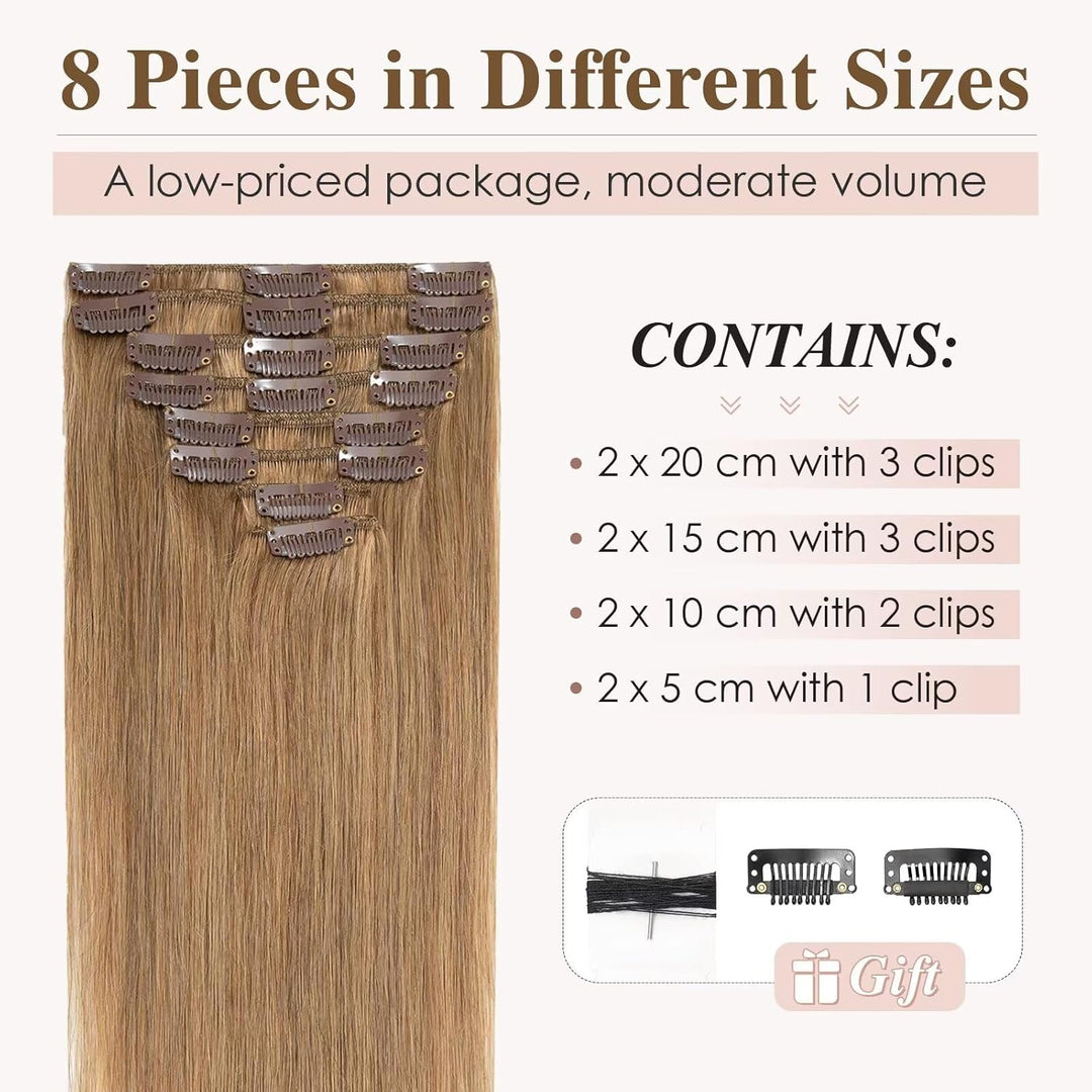 TESS Clip in Extensions Echthaar Blond, Echthaar Extensions Clip 8pcs 25 cm (50 g) Hair Extensions C