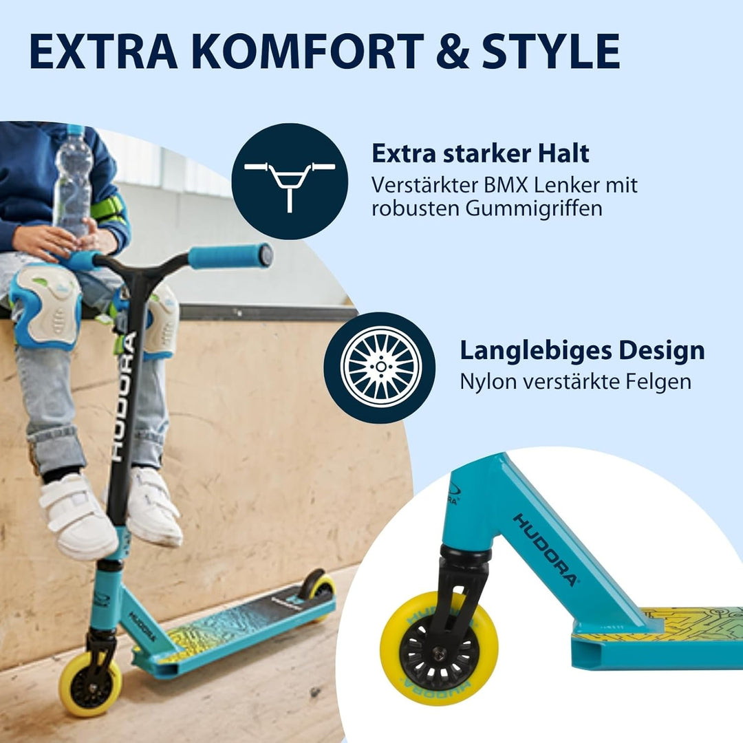 HUDORA Stuntscooter Kids - 360° Lenkung - Tretroller - ABEC 9 Kugellager - Robuster Funscooter, Kick