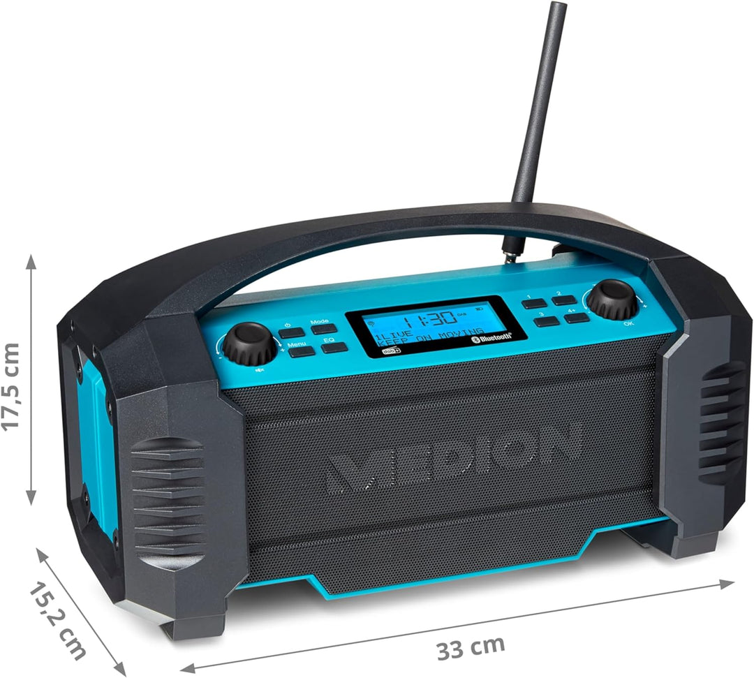 MEDION E66050 DAB+ Baustellenradio (Integrierter Akku, IP54 Schutz gegen Spritzwasser & Staub, USB-L