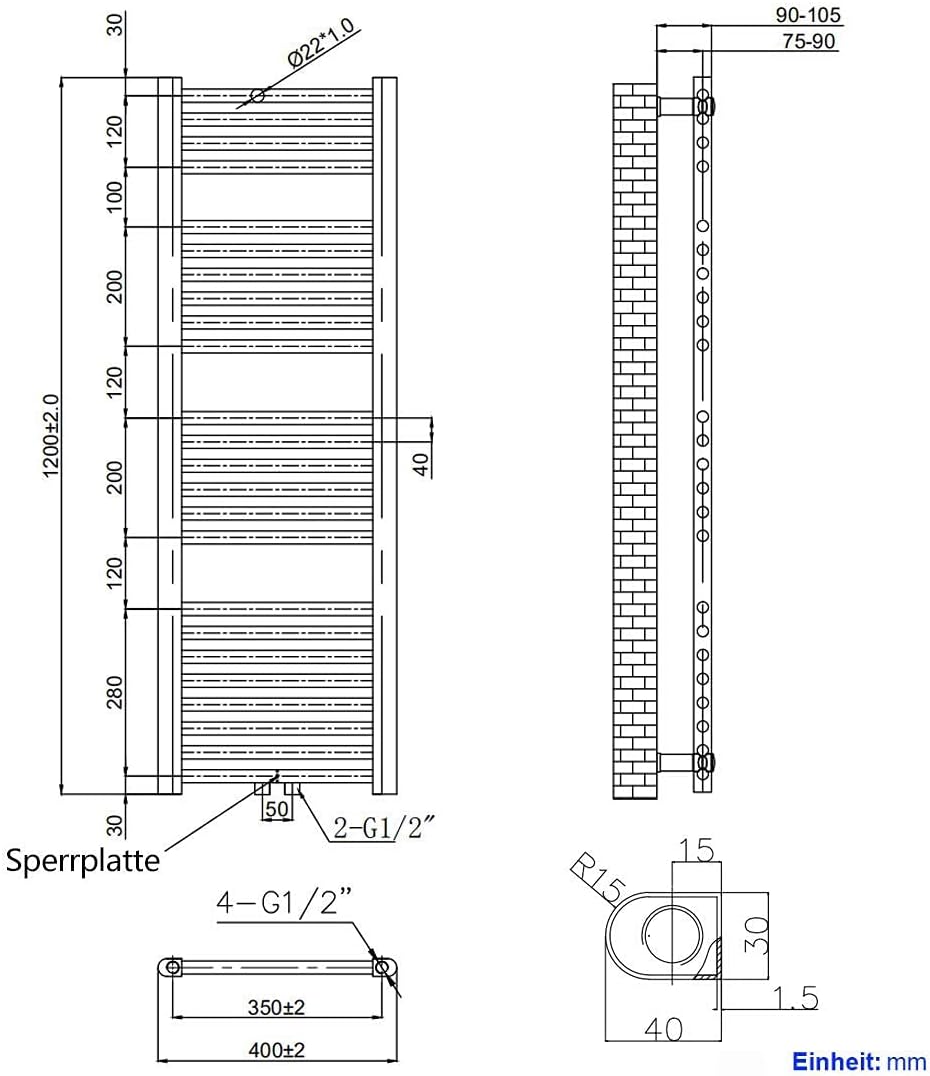 EMKE Badheizkörper Handtuchtrockner, Handtuchwärmer 400x1200mm 597 Watt Weiss Handtuchheizkörper für