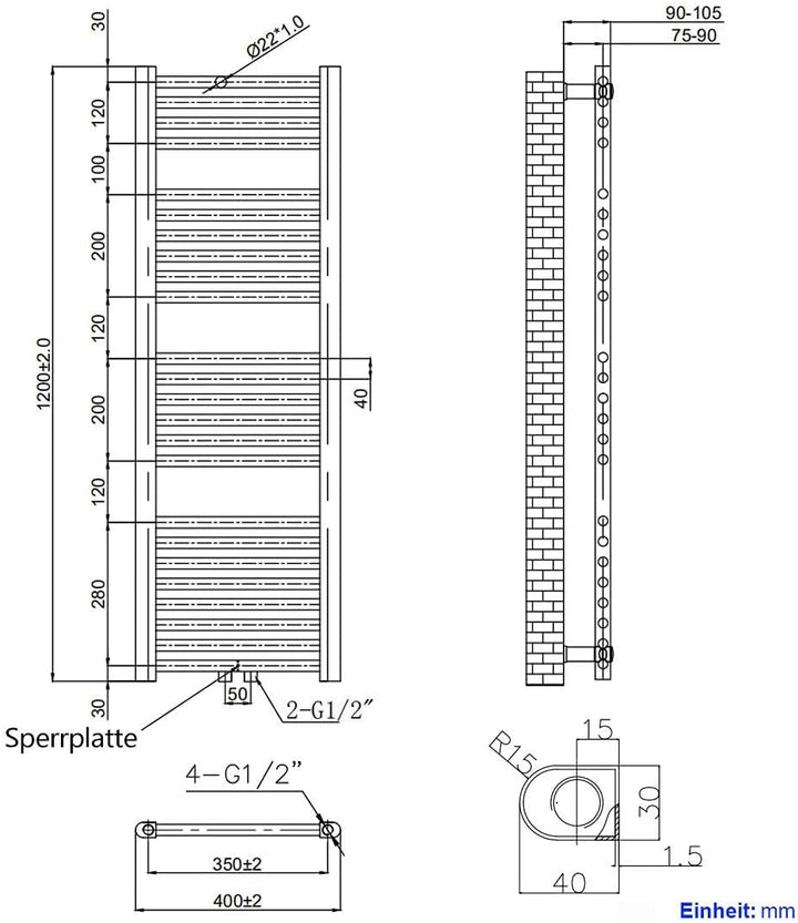 EMKE Badheizkörper Handtuchtrockner, Handtuchwärmer 400x1200mm 597 Watt Weiss Handtuchheizkörper für
