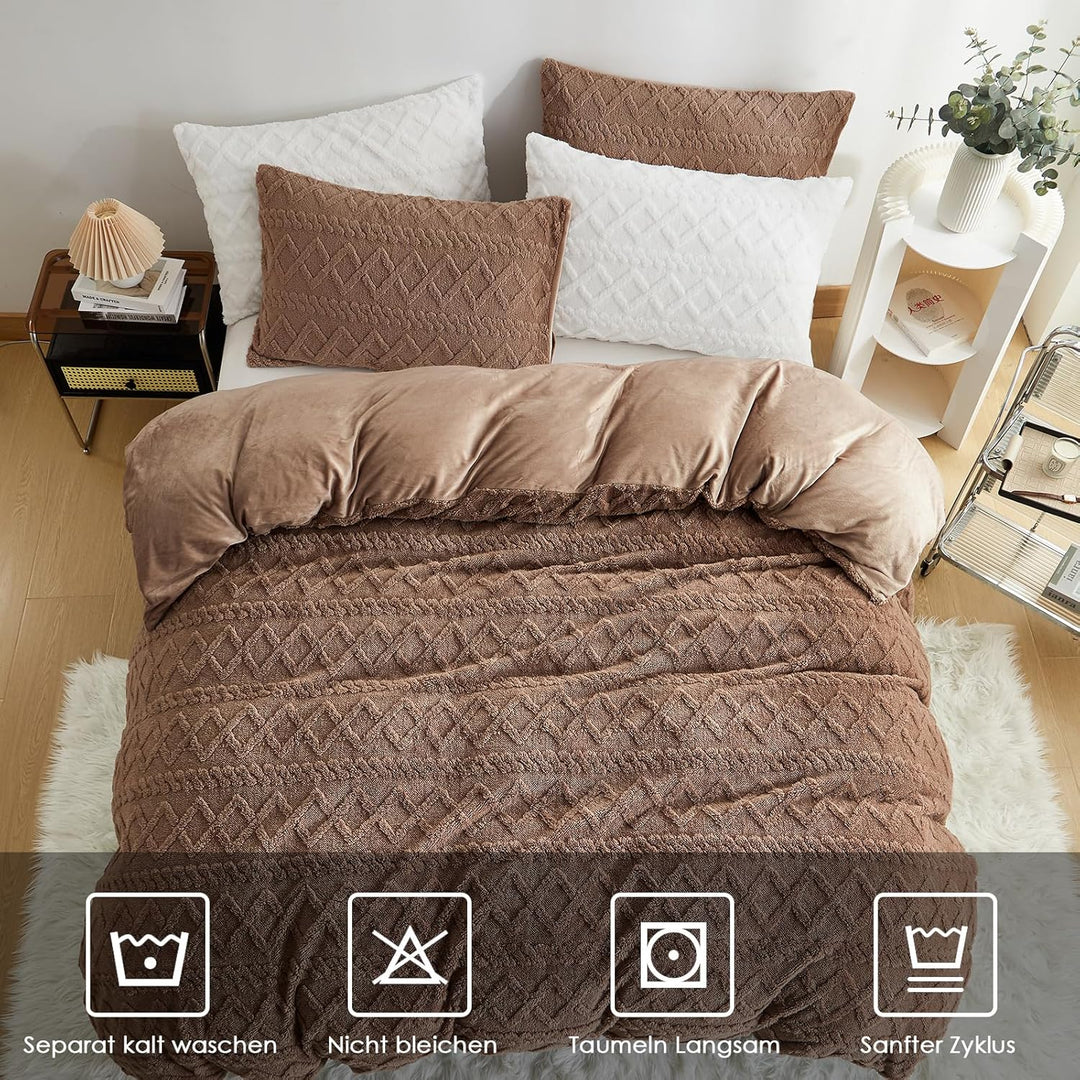 Freyamy Plüsch Bettwäsche 135x200 2teilig Warme,Romantisch Khaki Bettwäsche Getuftet Boho,Flauschig