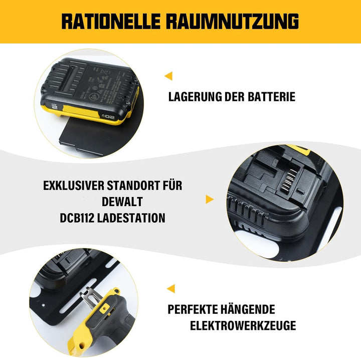 JYiuog Wandhalterung für DeWalt 20V Akku und DCB112 Ladegerät, robuster Metall Schwarz 2 Akkuhalter