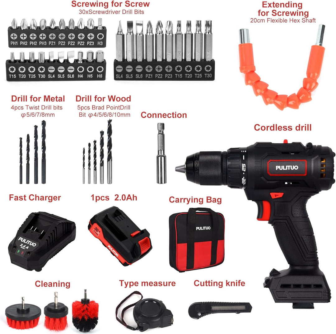 PULITUO Akku-Bohrschrauber mit Batterie, 20V bürstenlose Bohrmaschine, Bohrmaschine (60N · m, 25 + 1