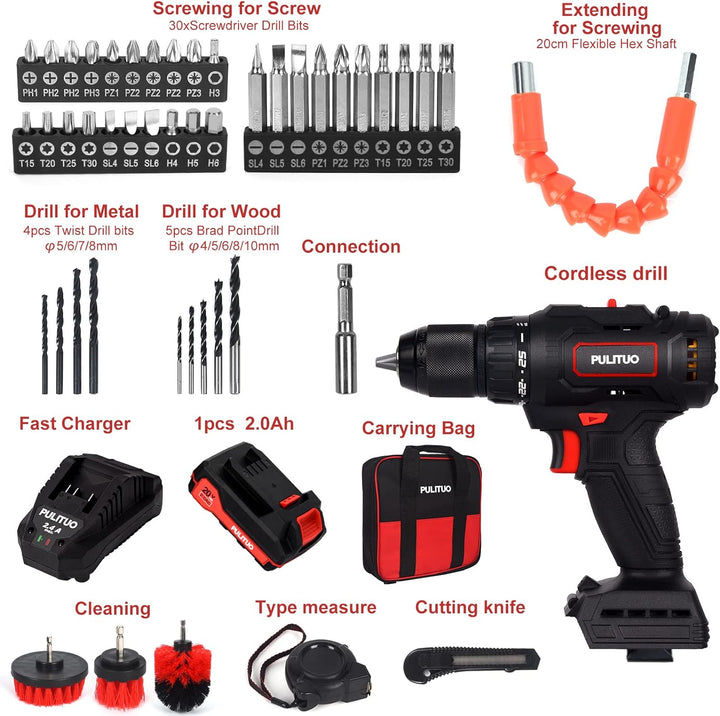 PULITUO Akku-Bohrschrauber mit Batterie, 20V bürstenlose Bohrmaschine, Bohrmaschine (60N · m, 25 + 1