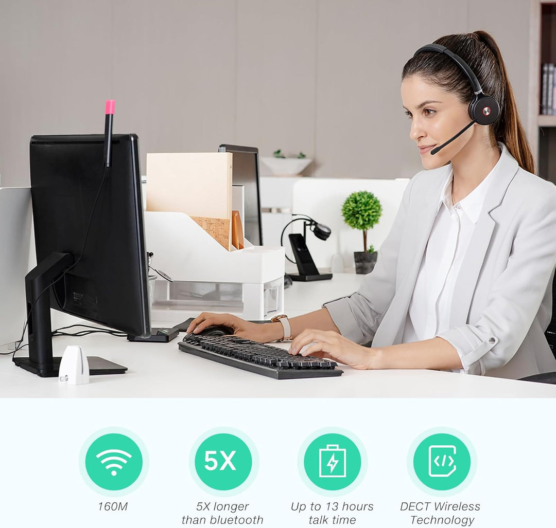 Yealink WH62 Schnurloses DECT-Headset Teams Zertifiziert, EIN-Ohr-Büro-Headset für Tischtelefon und