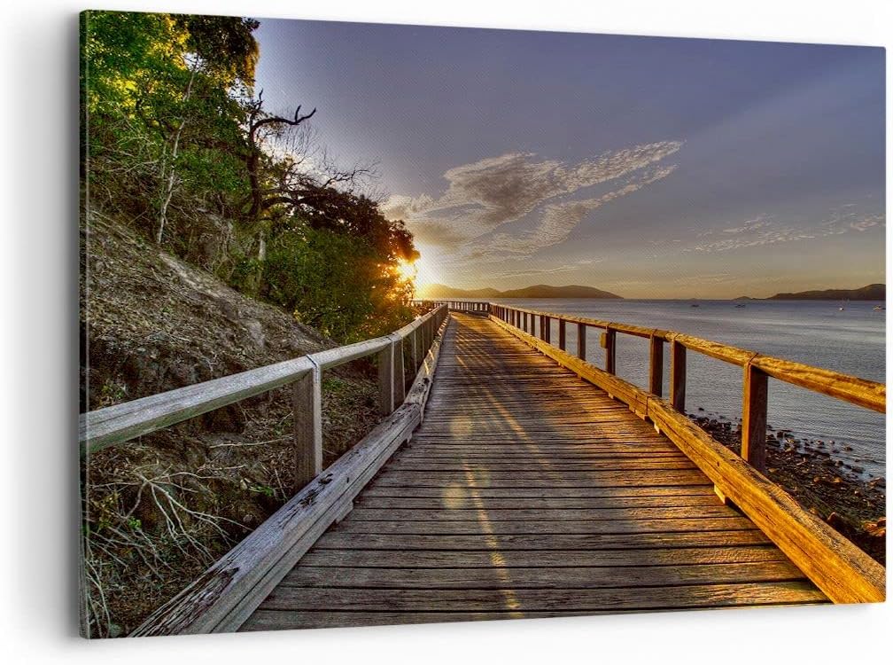 Bilder auf Leinwand 100x70cm Leinwandbild Fussgängerbrücke Himmel Wasser Gross Wanddeko Bild Schlafz