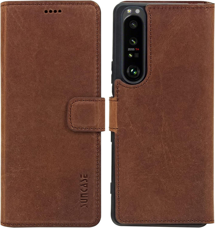 Suncase Book-Style Hülle kompatibel mit Sony Xperia 1 III 3 (2021) Leder Tasche (Slim-Fit) Lederhüll