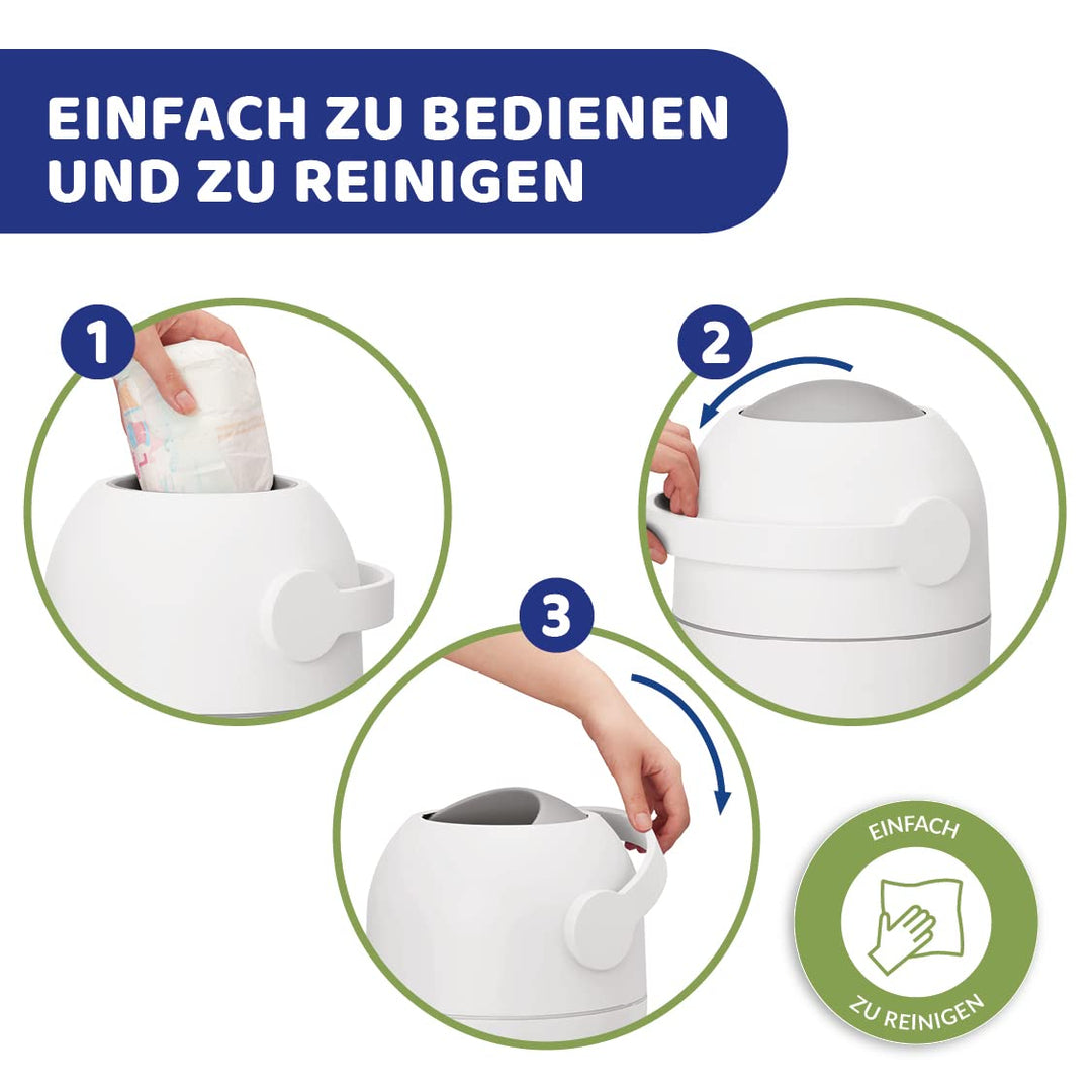Chicco Windeleimer Odour Off, geruchsdichtes System, platzsparender Baby Windeleimer mit Deckel, ein