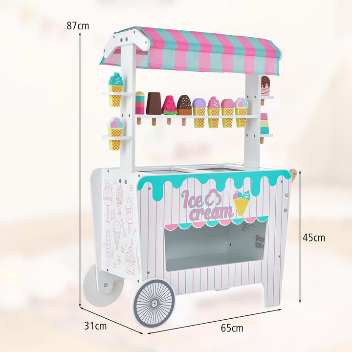 COSTWAY Kinder Eiswagen mit 12 Eiscreme, Kaufladen aus Holz mit 2 Rädern, Schiebegriff & Baldachin,