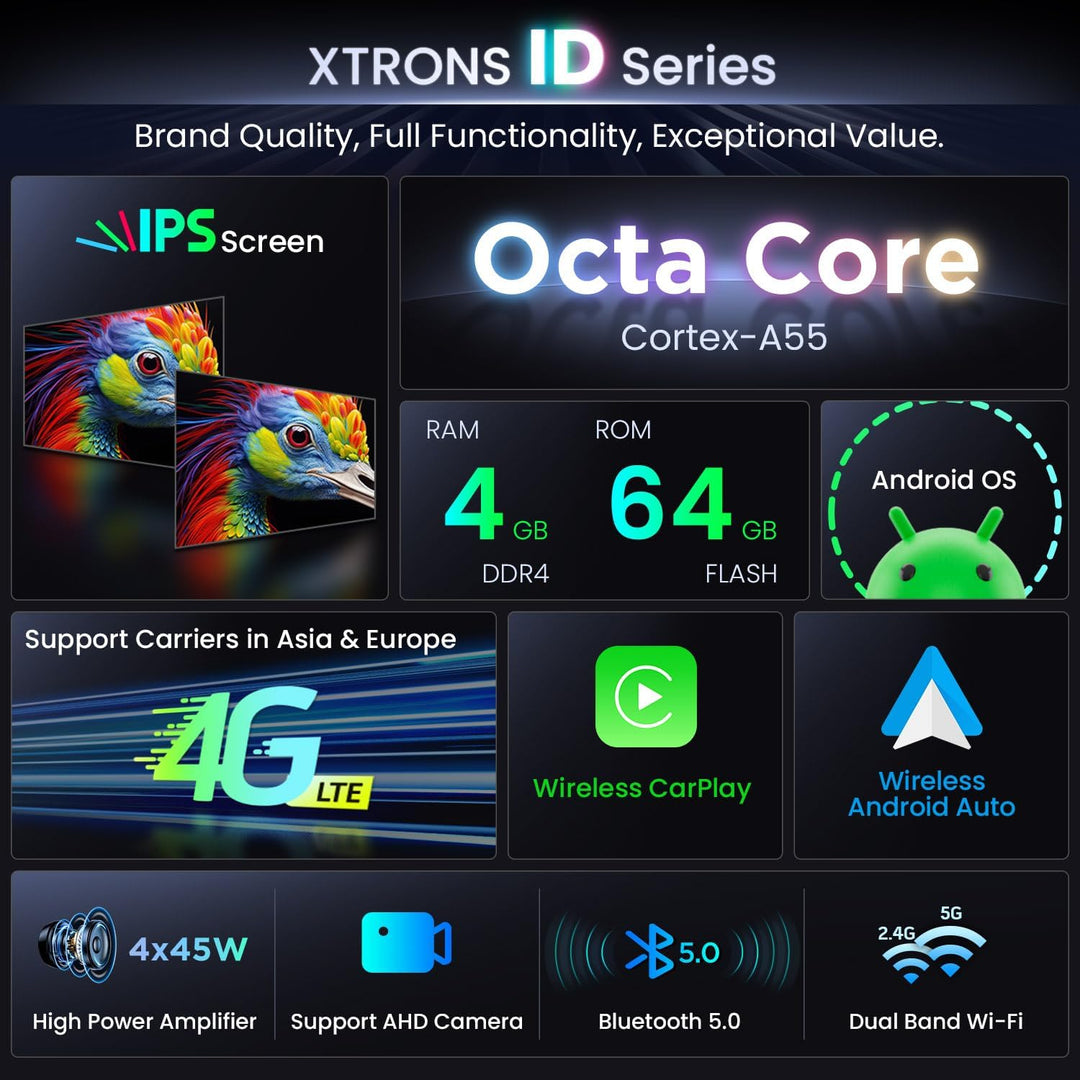 XTRONS 8 Zoll IPS HD Bildschirm Android 14 Autoradio Octa Core 4GB 64GB Eingebautes 4G DSP Car Play