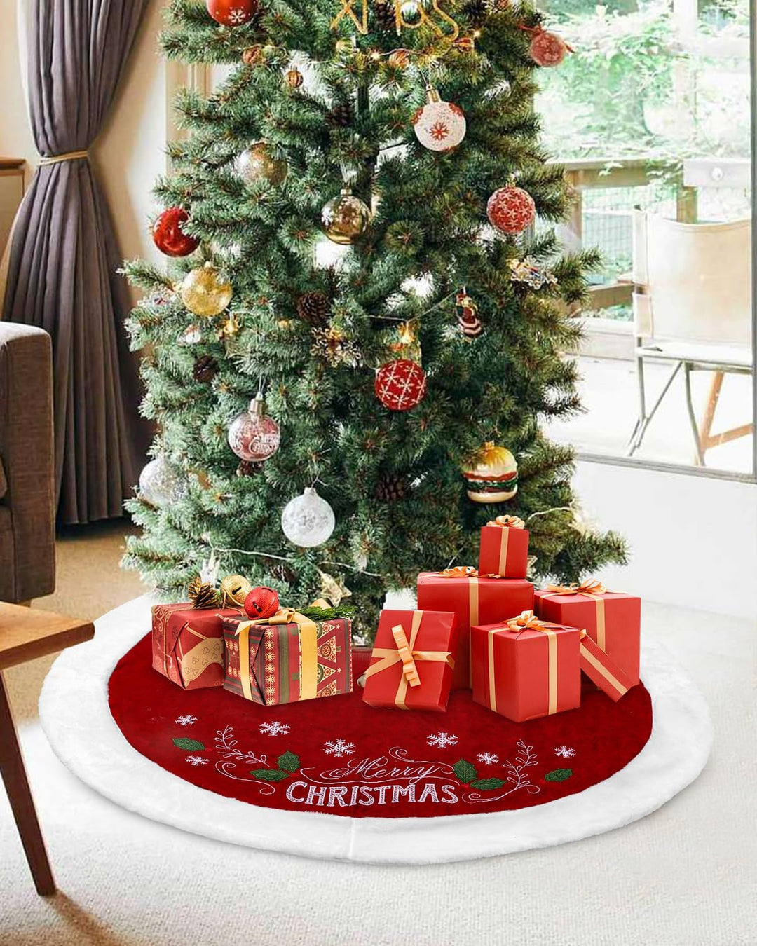 SOBEAU Weihnachtsbaum Rock,122CM Weihnachtsbaum Decke Runde mit Schneeflocken-Muster und Frohe Weihn