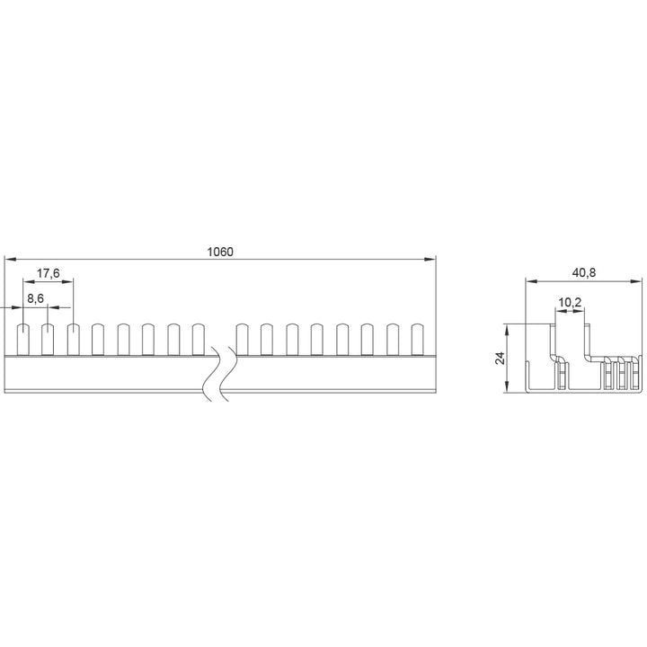Siemens 5ST37730 Stiftsammelschiene kompakt 10mm2 3P+N 400V, 1m schneidbar 60TE, geeignet für die Ko
